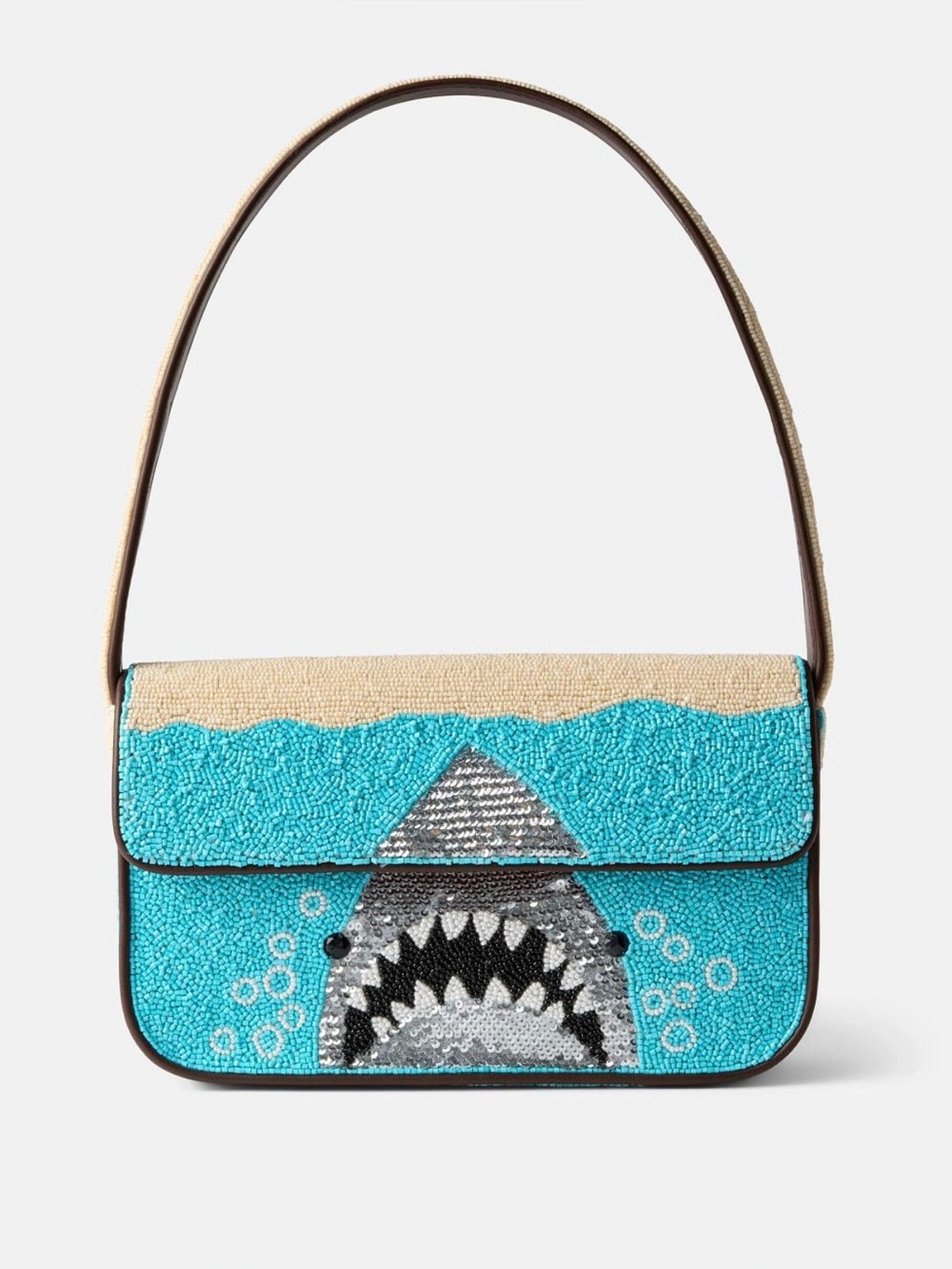 STAUD Tommy Bag Beaded Turquoise and Cream Shark Shoulder Bag